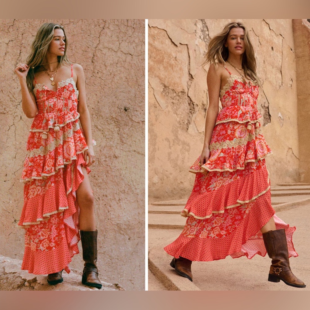 Spell Coral Pink Floral Tiered Maxi Dress